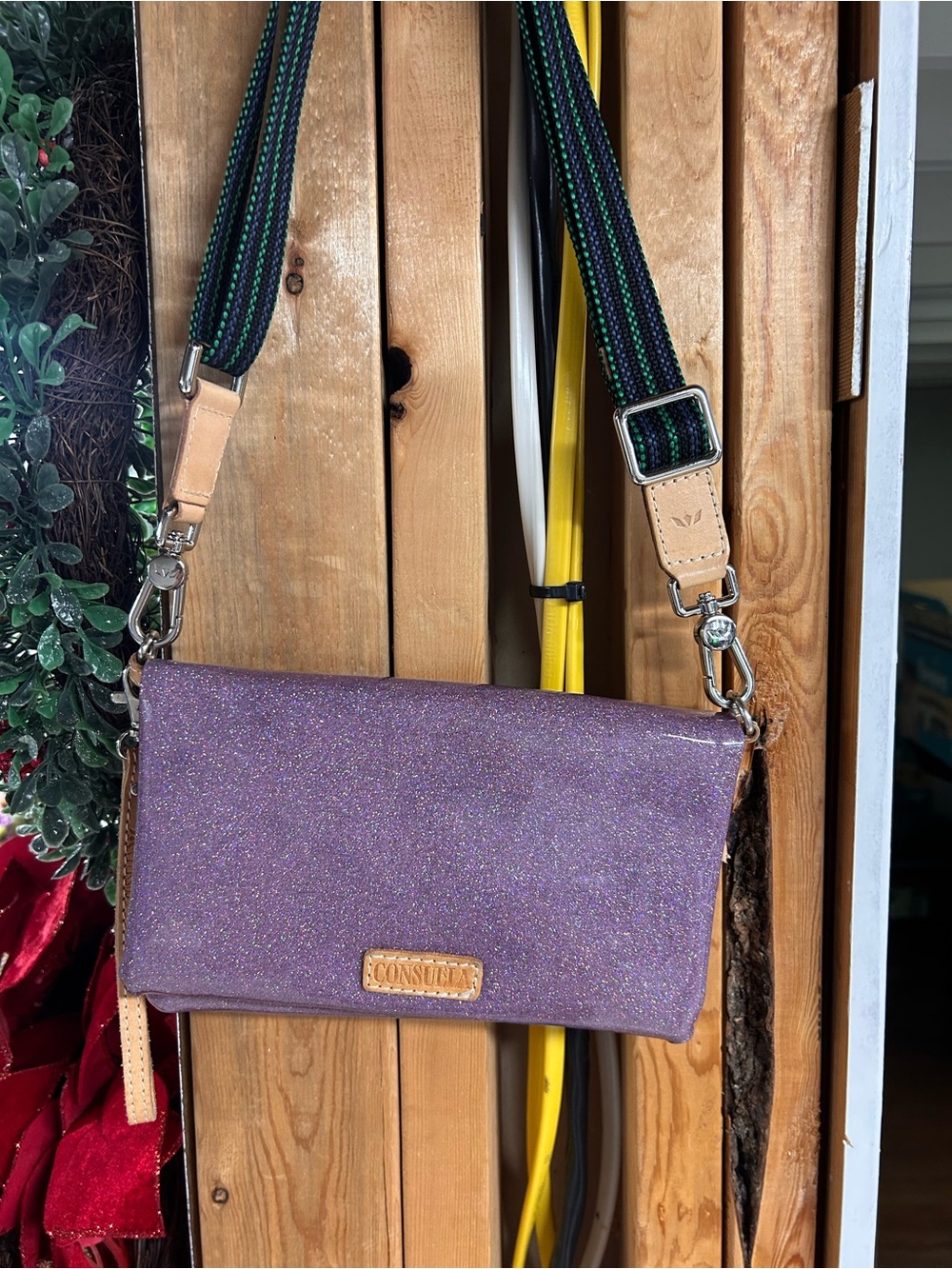 Consuela Purple Glitter Crossbody with Striped Adjustable Strap